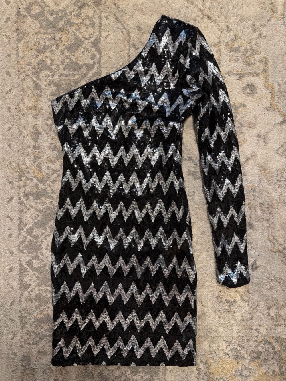 bebe One-Shoulder Black & Silver Sequin Chevron Dress